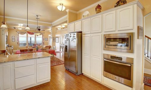 Spacious kitchen at Gulf Waters Beach Front RV Resort with modern appliances.