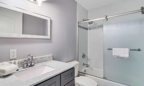 Modern bathroom at Gulf Waters Beach Front RV Resort with shower and vanity.