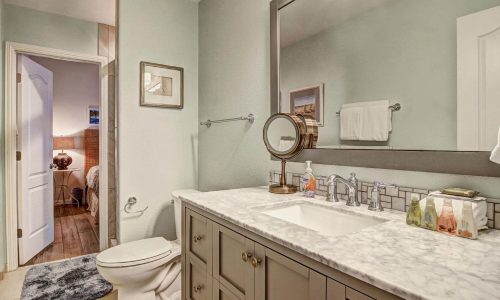 Spacious bathroom at Gulf Waters Beach Front RV Resort with modern fixtures.