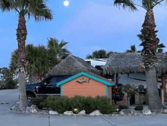 Beachfront RV site at Gulf Waters with palm trees, a decorative hut, and a truck, under a full moon.