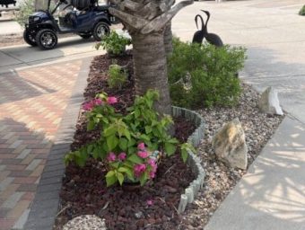 Lush landscaping featuring vibrant pink flowers, decorative stones, and a palm tree, with a golf cart parked nearby, illustrating the appealing outdoor environment of Gulf Waters Beach Front RV Resort.