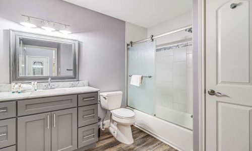 Modern bathroom interior featuring a gray vanity with a large mirror, a white toilet, and a glass shower enclosure, designed for beach house accommodations at Gulf Waters Beach Front RV Resort.