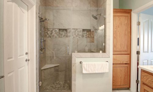 Contemporary bathroom shower with glass enclosure and tiled walls.