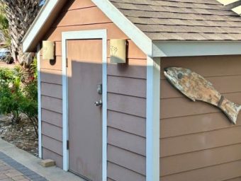 Small beach-themed shed at Gulf Waters Beach Front RV Resort.