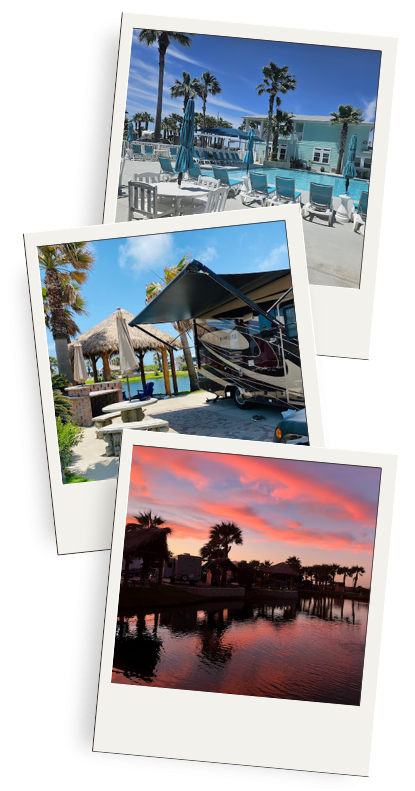 Gulf Waters Beach Front RV Resort amenities including pool area, RV site with palapa, and sunset view over water.