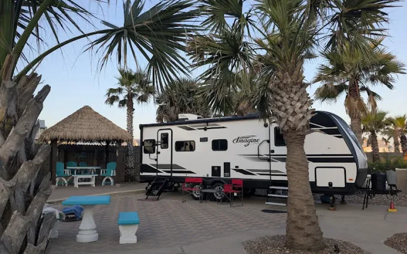 RV parked next to palm trees and a thatched-roof gazebo.