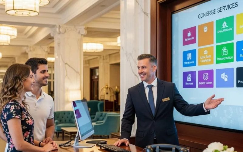 Concierge service interaction emphasizing 24/7 assistance for luxury RV resort guests
