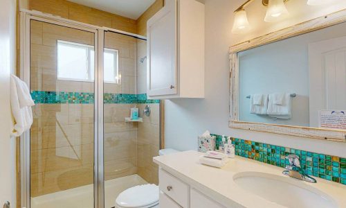 Modern bathroom at Gulf Waters Beach Front RV Resort with shower and vanity.