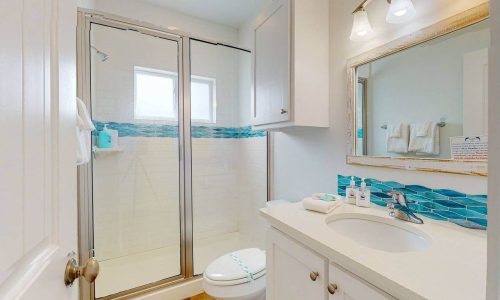 Modern bathroom at Gulf Waters Beach Front RV Resort with shower and vanity.