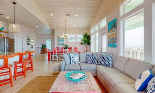 Bright, spacious living area at Gulf Waters Beach Front RV Resort with ocean views.