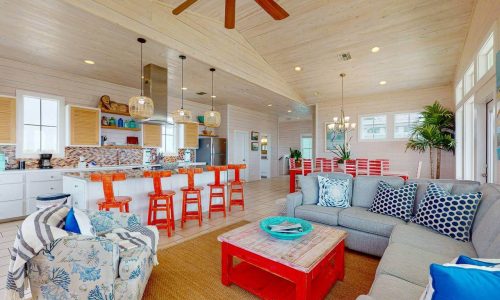 Spacious beach front RV resort living room with modern decor and ocean views.