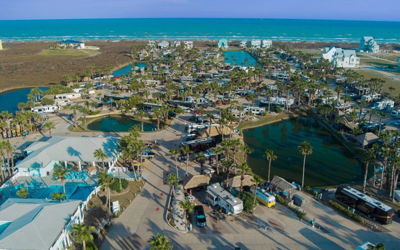 Aerial view of Gulf Waters Beach Front RV Resort on Mustang Island.