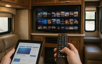 Comfortable RV resort lounge with TV and entertainment options.