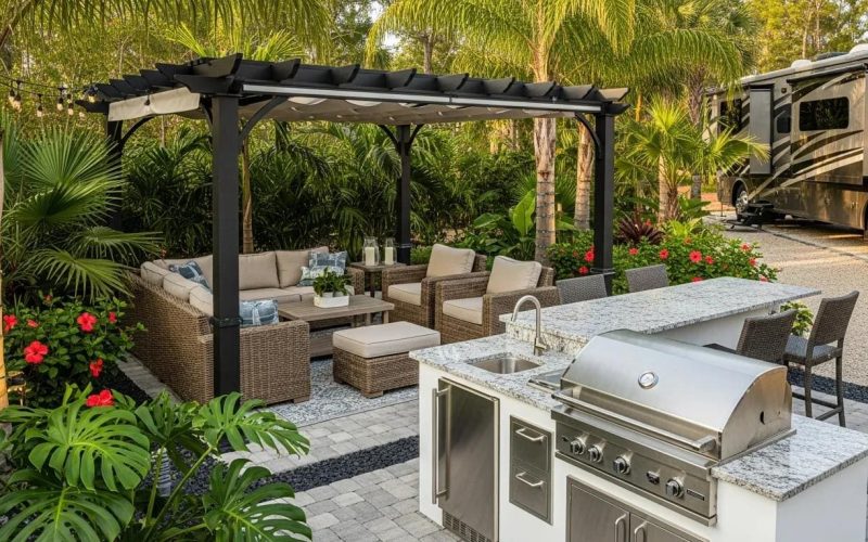Outdoor lounge area with seating, pergola, and outdoor kitchen at Gulf Waters RV Resort.