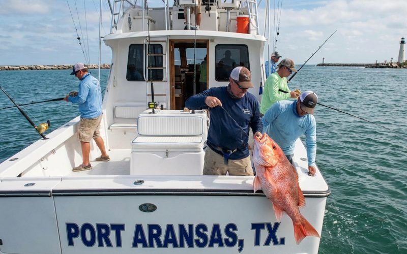 Group of fishermen on a boat in Port Aransas, Texas, catching a large red snapper, with fishing rods and the coastline visible in the background.
