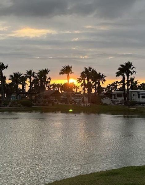 Sunset view over water at Gulf Waters Beach Front RV Resort, with palm trees and RVs in the background, highlighting the resort's scenic location.