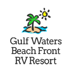 Gulf Waters Beach Front RV Resort logo with palm tree and sun.